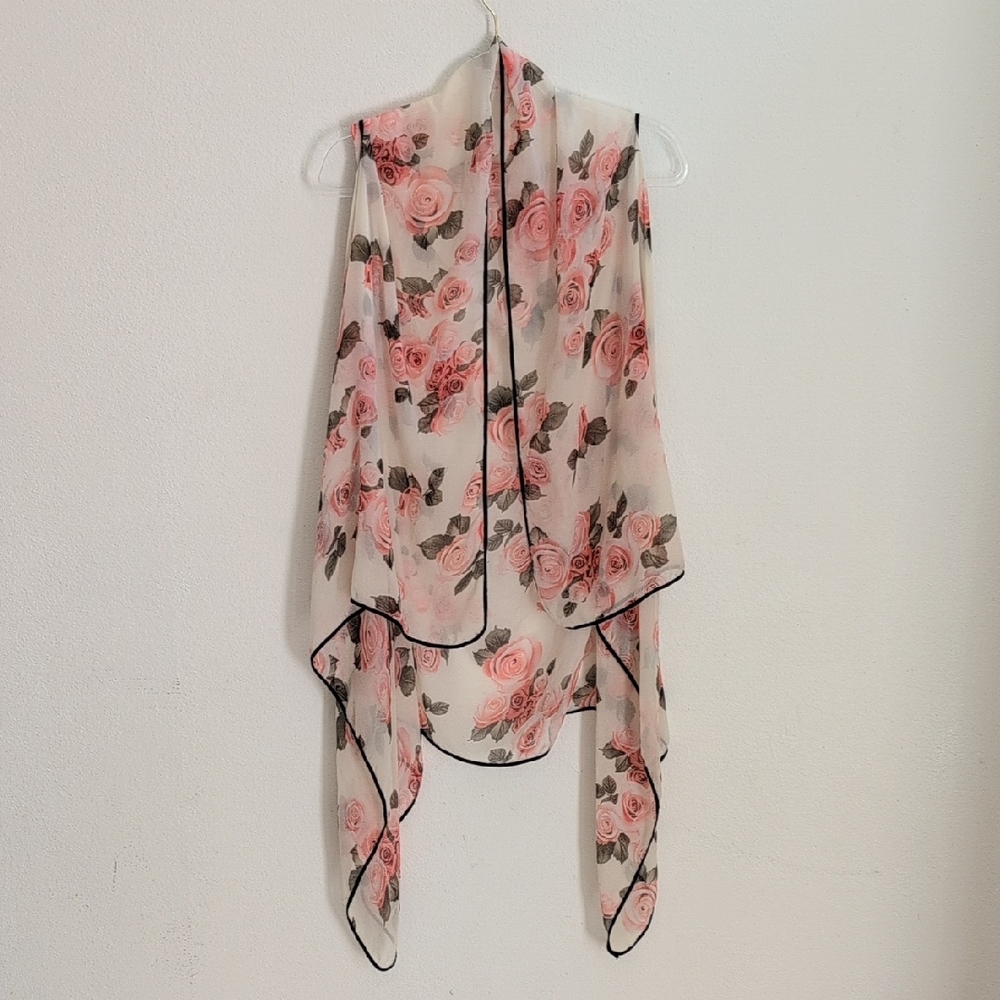 Sheer Pink Rose Floral Shawl With Black Trim